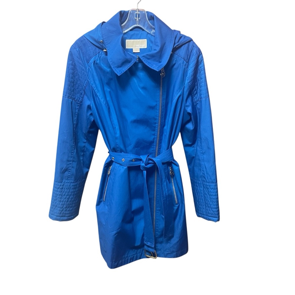 Michael Kors Women’s Blue Asymmetrical Zipper Hooded Trench Coat Large
